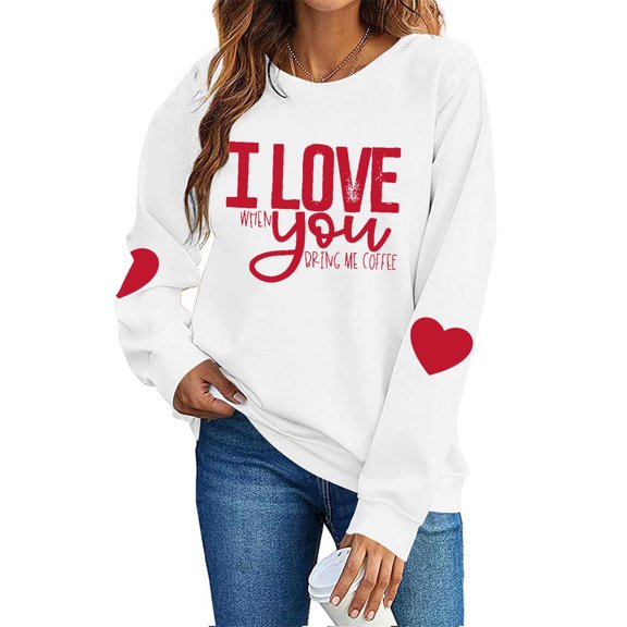 FAWUUDO Womens Casual Heart Graphics Shirt Long Sleeve Pullover Loose Crewneck Cute Love Printed Sweatshirt Tops White XS