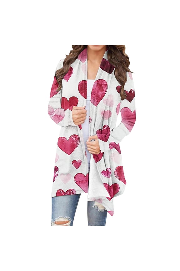 Womens Cute Heart Cardigans Oversized Long Sleeve Open Front Cardigan Jacket