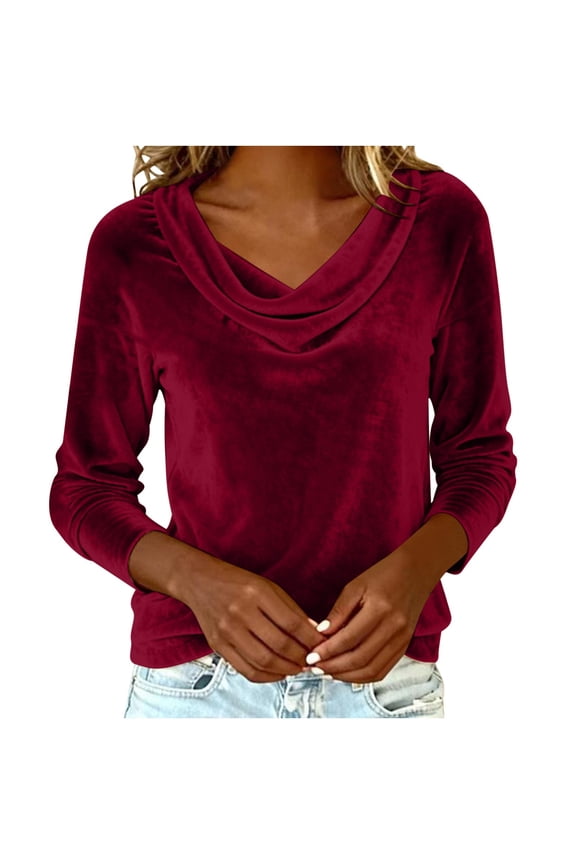 Womens Elegant Cowl Neck Velvet Top Long Sleeve Solid Color Draped Blouse Minimalist Chic Fall Winter Top