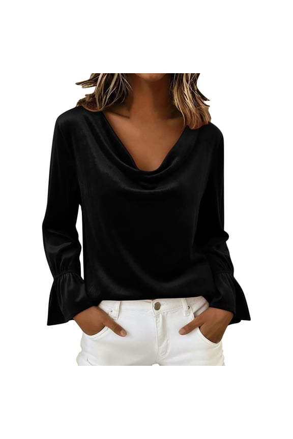 Womens Elegant Cowl Neck Velvet Top Long Sleeve Solid Color Draped Blouse Minimalist Chic Fall Winter Top