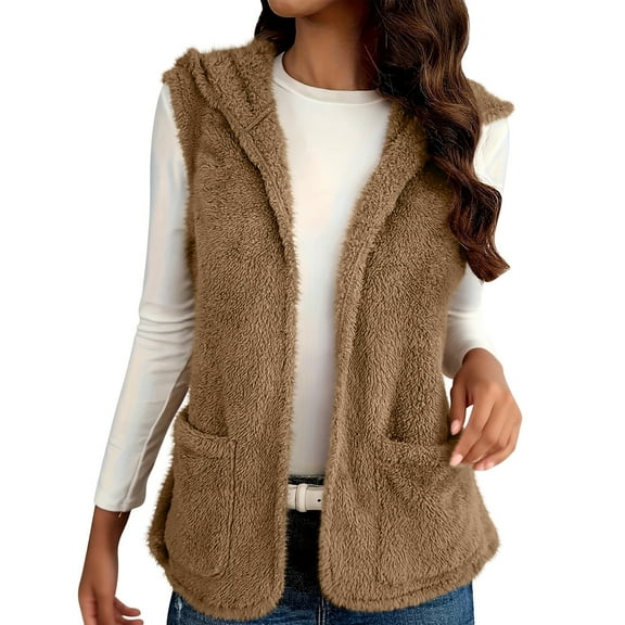 FAWUUDO Womens Fleece Vest Casual Sleeveless Jacket Lightweight Outerwear Vests with Pockets Womens Fall Khaki