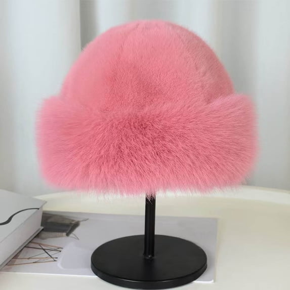 FAWUUDO Womens Fuzzy Bucket Hat Warm Winter Hat Fluffy Furry Plush Faux Fur Hat Fishing Hat Bucket Hats Pink