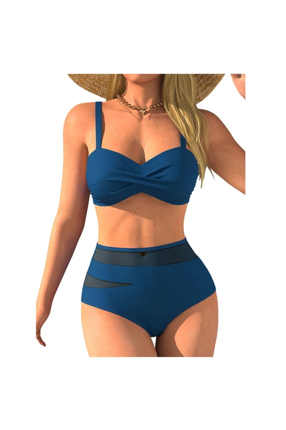 Womens High Waisted Bikini Sets, Modest Tummy Control Swimsuits, 2 Piece Bathing Suits Mesh Swim Shorts