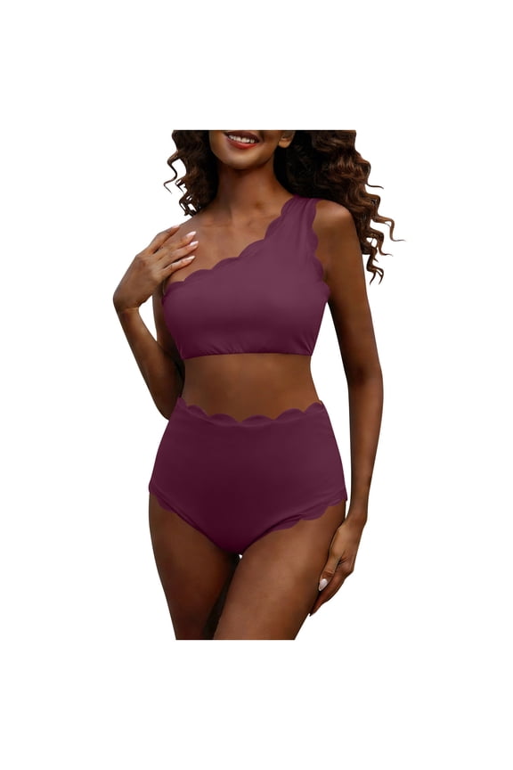 Womens One Shoulder High Waisted Bikini Set Wave Edge Trim Waffle Texture Two Piece Bathing Suit