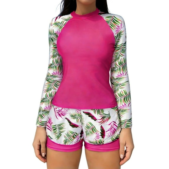 FAWUUDO Womens Performance Tankini Swimsuit Long Sleeve Top with Double Layer Bottoms UV Protection Surf Swimwear
