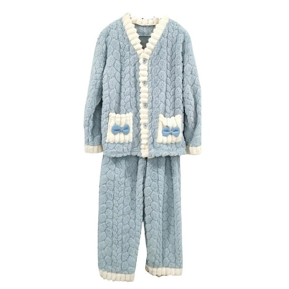 FAWUUDO Womens Plush Fleece Pajama Set Soft Cozy Flannel Pajamas Sets Winter Warm Fuzzy Button Sleepwear Lounge PJS 2 Pieces