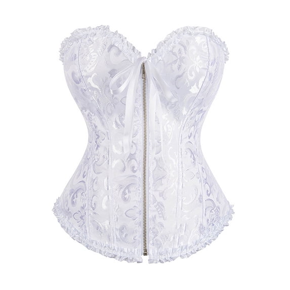 FAWUUDO Womens Push Up Corset Top Jacquard Ruffle Strapless Boned Waist Trainer Tummy Control Front Zipper Ribbon Sweetheart Vintage Bustier Shapewear White
