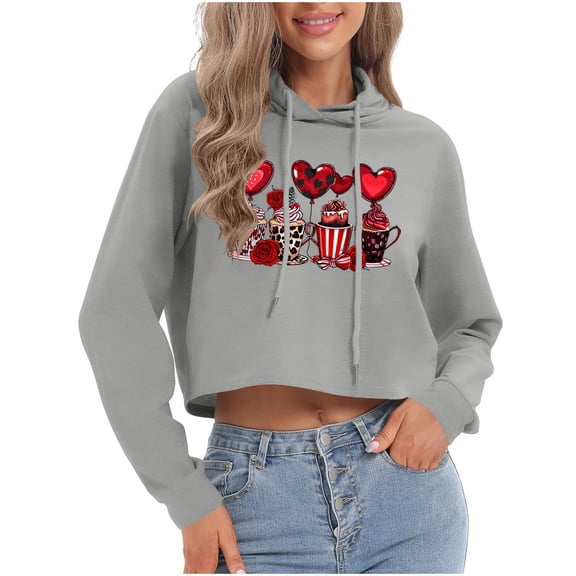 FAWUUDO Womens Romantic Valentines Graphic Hoodie Long Sleeve Pullover Casual Sweatshirt Cozy Comfortable Holiday Top Gray 2XL