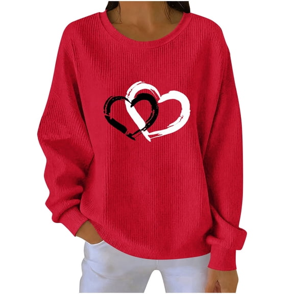 FAWUUDO Womens Romantic Valentines Graphic Sweater Long Sleeve Crewneck Knit Pullover Printed Casual Cozy Holiday Top Red M