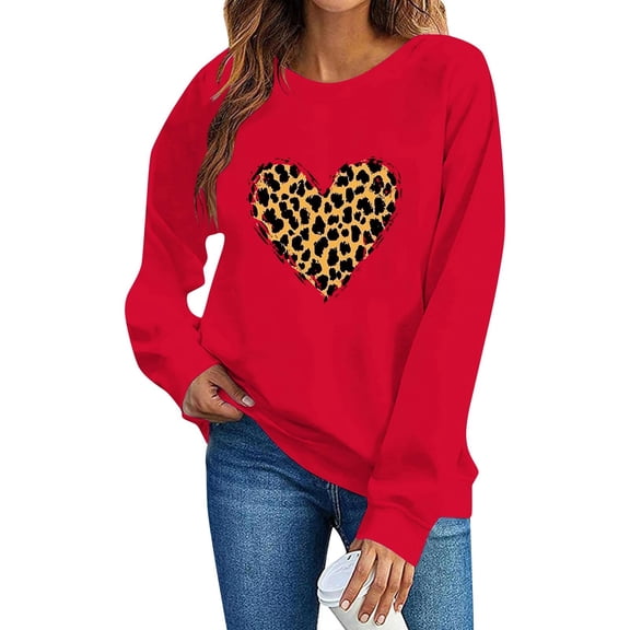 FAWUUDO Womens Romantic Valentines Heart Graphic Sweatshirt Loose Fit Crewneck Long Sleeve Pullover Casual Cozy Holiday Top Red M