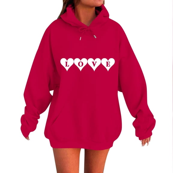 FAWUUDO Womens Romantic Valentines Hoodie Oversized Casual Pullover Long Sleeve Solid Color Hooded Sweatshirt With Pocket Drawstring Red 2XL