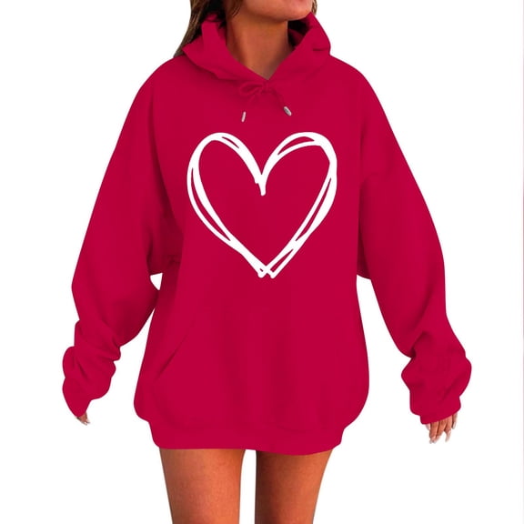 FAWUUDO Womens Romantic Valentines Hoodie Oversized Casual Pullover Long Sleeve Solid Color Hooded Sweatshirt With Pocket Drawstring Red M