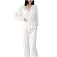 thumbnail image 1 of FAWUUDO Womens Satin Long-Sleeve Blouses and Full-Length Bottom Pajama Set Loose Soft Lounge 2 Pieces Lightweight Nightwear, 1 of 7