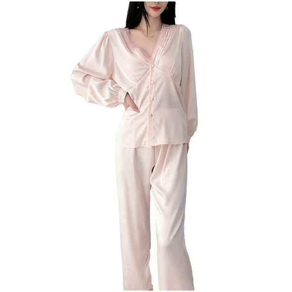 FAWUUDO Womens Satin Long-Sleeve Blouses and Full-Length Bottom Pajama Set Loose Soft Lounge 2 Pieces Lightweight Nightwear