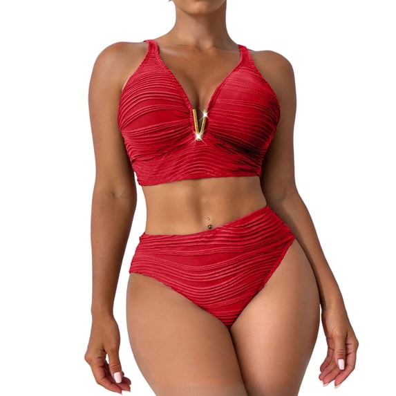 FAWUUDO Womens Shirred Deep V Bikini Top High Waisted Bottom Two Piece Swimsuit Ruched Tummy Control