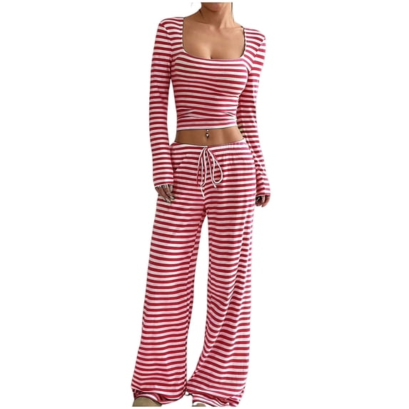 FAWUUDO Womens Striped 2 Piece Outfits Casual Square Neck Cropped Top Drawstring Wide Leg Pants Matching Pajamas Set