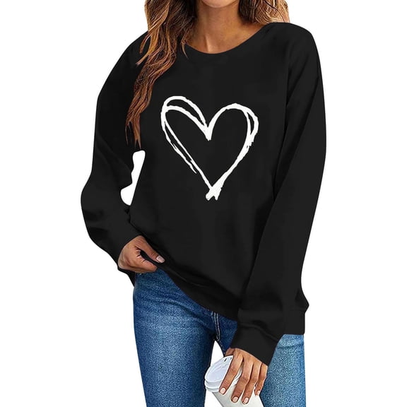 FAWUUDO Womens Sweet Valentines Crewneck Pullover Loose Fit Long Sleeve Heart Print Graphic Sweatshirt Casual Cozy Romantic Holiday Wear Black XL