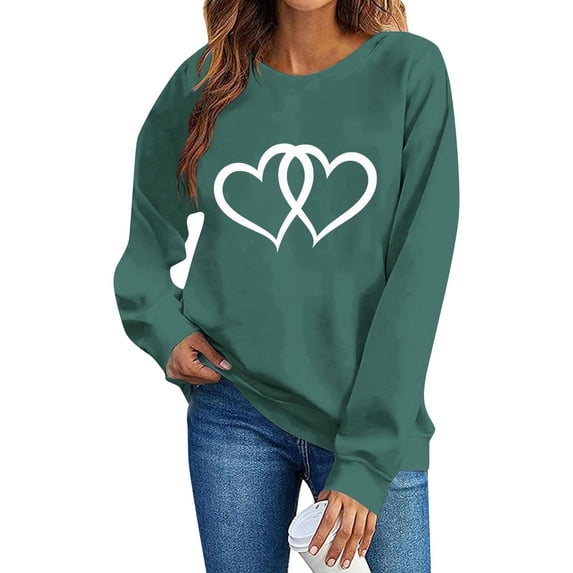 FAWUUDO Womens Sweet Valentines Crewneck Pullover Loose Fit Long Sleeve Heart Print Graphic Sweatshirt Casual Cozy Romantic Holiday Wear Green L