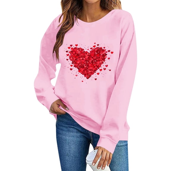 FAWUUDO Womens Sweet Valentines Crewneck Pullover Loose Fit Long Sleeve Heart Print Graphic Sweatshirt Casual Cozy Romantic Holiday Wear Pink XL