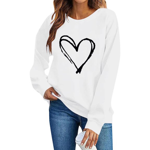 FAWUUDO Womens Sweet Valentines Crewneck Pullover Loose Fit Long Sleeve Heart Print Graphic Sweatshirt Casual Cozy Romantic Holiday Wear White XL