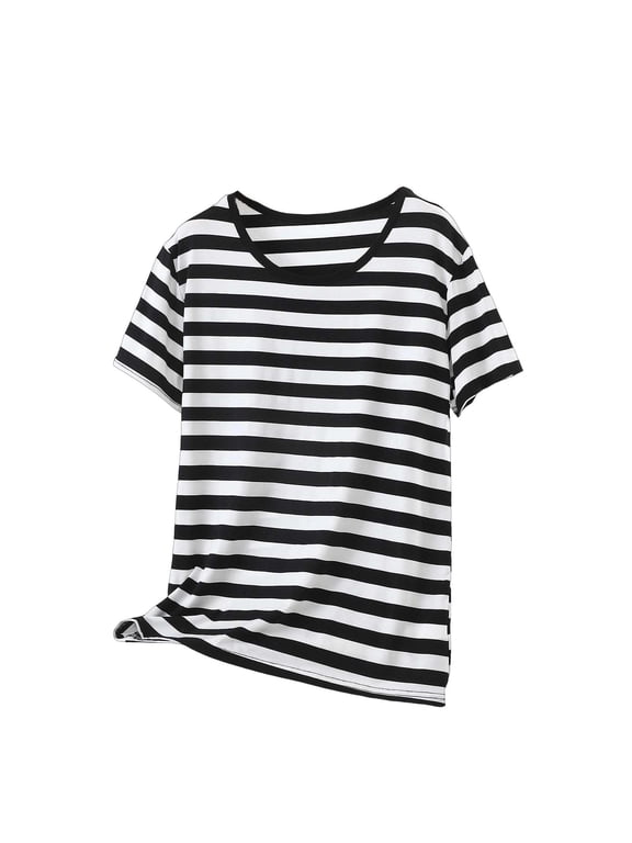 Womens T-Shirts Thin Stripe V Neck Short Sleeve Loose Casual Tops Summer Everyday Tees