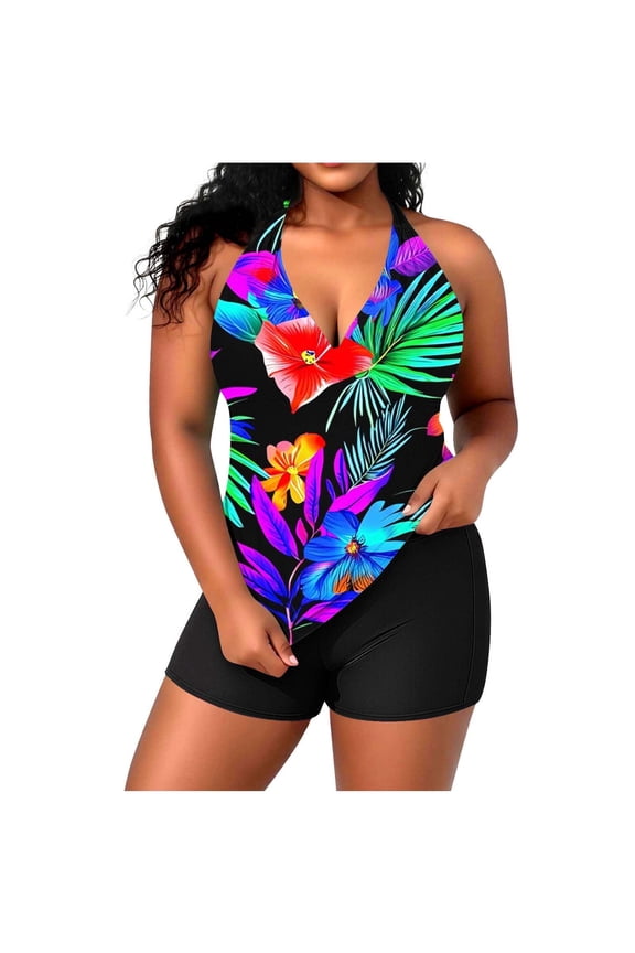 Womens Two Piece Modest Swimsuits Printed Tank Top Boyshort Bottom Full Coverage Summer Beachwear