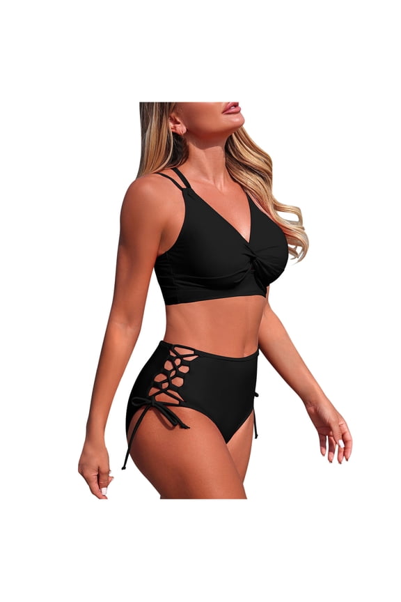 Womens V Neck Cross Back Bikini Top Side Tied Bottoms Solid Two Piece Swimsuit Soft Padded Wireless