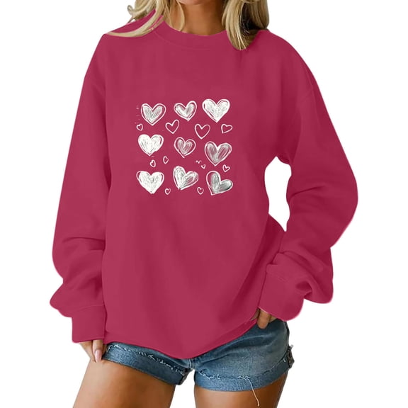 FAWUUDO Womens Valentines Day Heart Print Crewneck Sweatshirt Long Sleeve Loose Fit Pullover Casual Comfortable Romantic Holiday Gift Hot Pink M