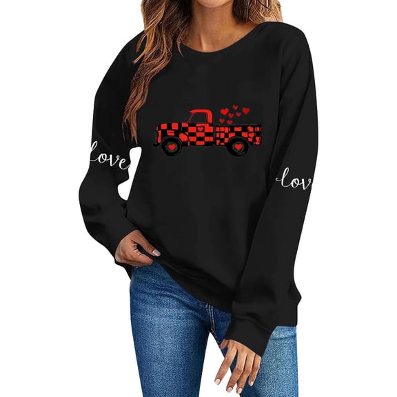 FAWUUDO Womens Valentines Day Sweatshirt Heart Print Crewneck Long Sleeve Pullover Casual Comfortable Romantic Gift for Her Black XS