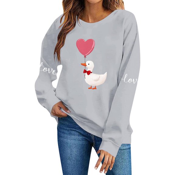 FAWUUDO Womens Valentines Day Sweatshirt Heart Print Crewneck Long Sleeve Pullover Casual Comfortable Romantic Gift for Her Gray S