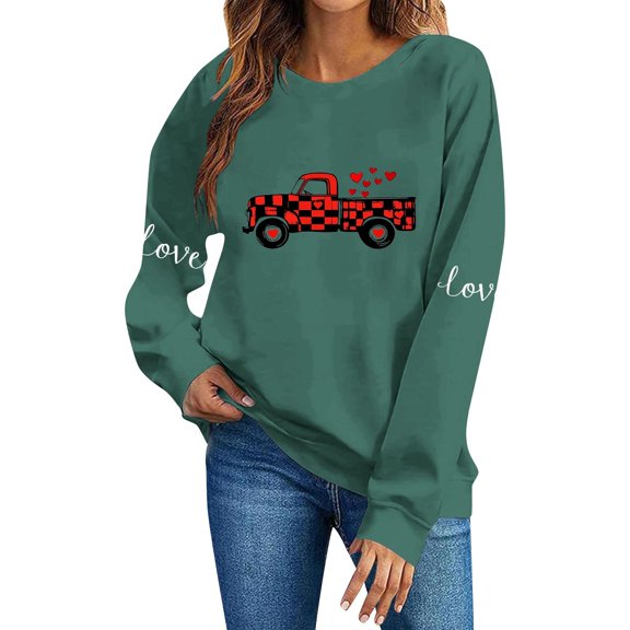 FAWUUDO Womens Valentines Day Sweatshirt Heart Print Crewneck Long Sleeve Pullover Casual Comfortable Romantic Gift for Her Green XL