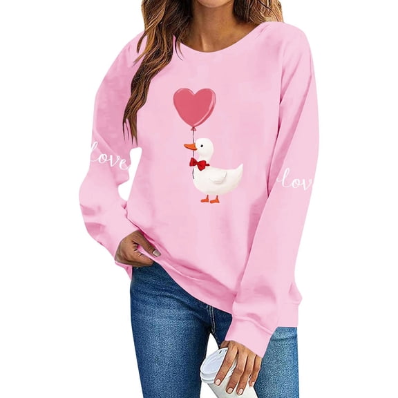 FAWUUDO Womens Valentines Day Sweatshirt Heart Print Crewneck Long Sleeve Pullover Casual Comfortable Romantic Gift for Her Pink L