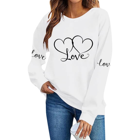 FAWUUDO Womens Valentines Day Sweatshirt Heart Print Crewneck Long Sleeve Pullover Casual Comfortable Romantic Gift for Her White XS