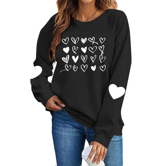 FAWUUDO Womens Valentines Themed Heart Design Sweatshirt Loose Fit Crewneck Long Sleeve Pullover Casual Comfortable Romantic Outfit Black XS