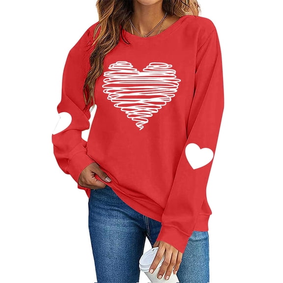FAWUUDO Womens Valentines Themed Heart Design Sweatshirt Loose Fit Crewneck Long Sleeve Pullover Casual Comfortable Romantic Outfit Red XS