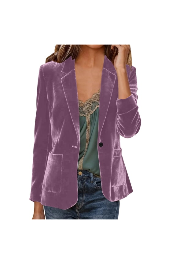 Womens Velvet Blazer Jacket Solid Color Long Sleeve Notched Lapel Coat with Faux Fur Pockets Elegant Fall Winter Topper