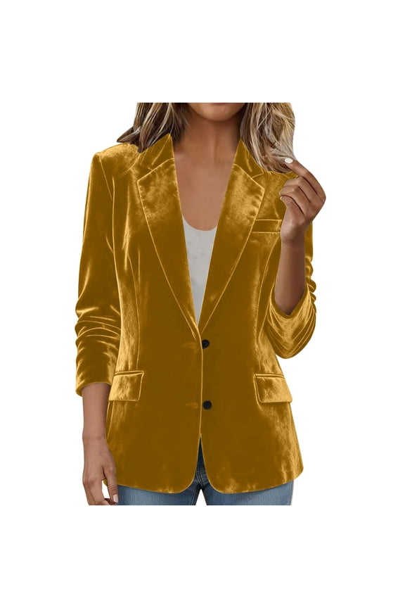 Womens Velvet Blazer Jacket Solid Color Long Sleeve Notched Lapel Coat with Faux Fur Pockets Elegant Fall Winter Topper