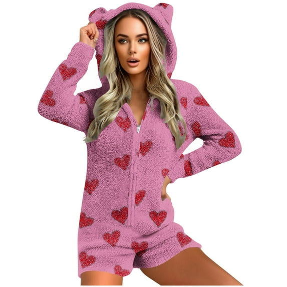 FAWUUDO Womens Warm Fuzzy Fleece Sherpa Hooded Romper Short Playsuit Jumpsuit Cute Bear Onesie Sleepwear Rompers Hot Pink