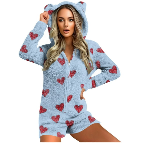 FAWUUDO Womens Warm Fuzzy Fleece Sherpa Hooded Romper Short Playsuit Jumpsuit Cute Bear Onesie Sleepwear Rompers Light Blue