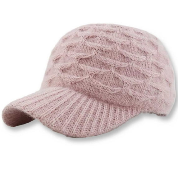 FAWUUDO Wool Blend Visor Beanie Warm Classic Cable Knit Hat with Sun-Blocking Brim for Large Heads