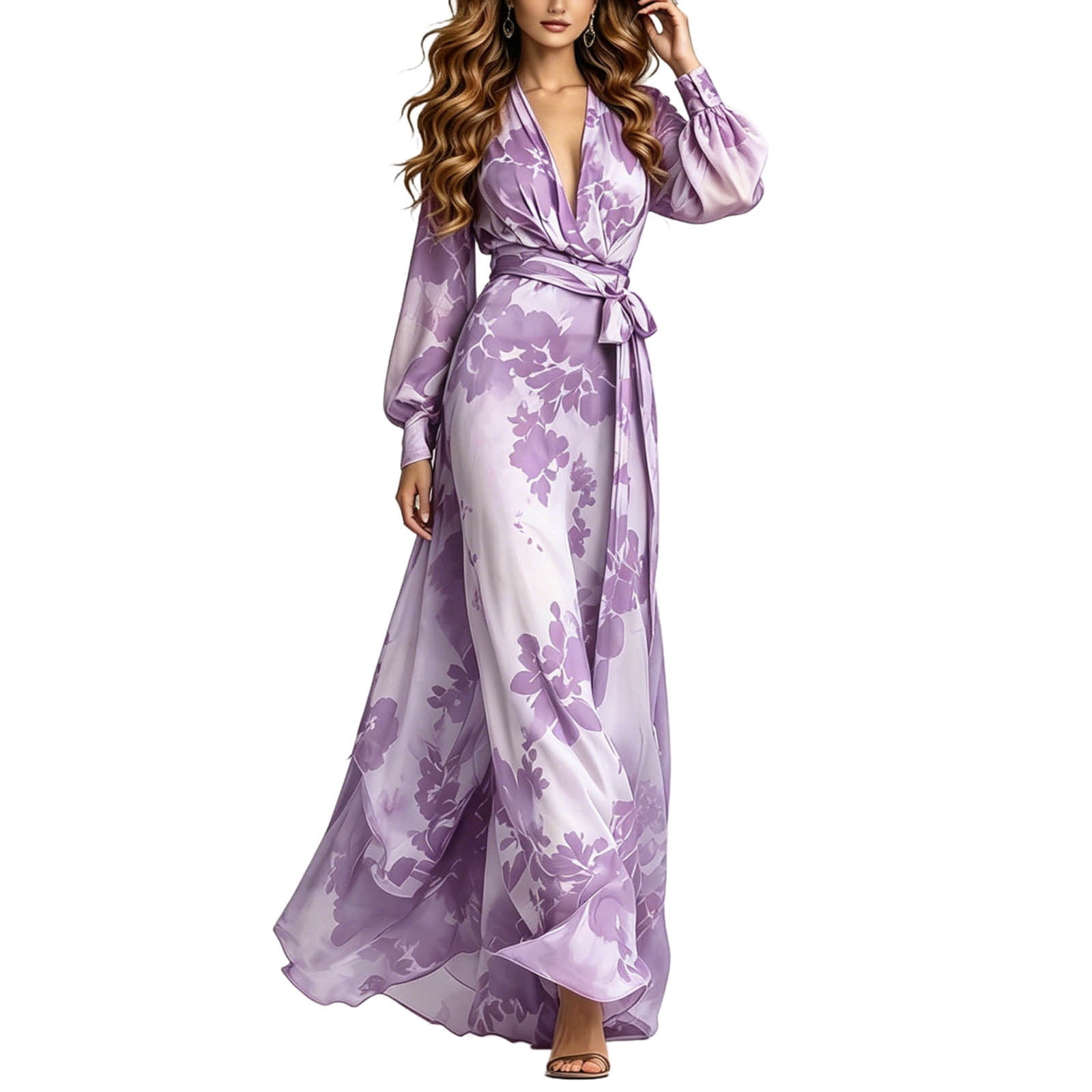 floral printed long sleeve v-neck self tie maxi dress WOMEN'S 3/4 SLEEVE V-NECK SELF TIE FLORAL WRAP MAXI DRESS