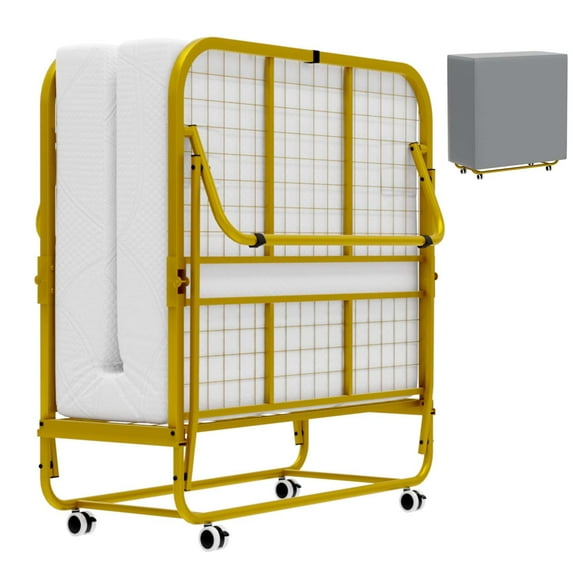 FAYEAN Folding Bed with Memory Foam, 75x38 Twin Size Steel Frame, Portable and Space-Saving, Gold White