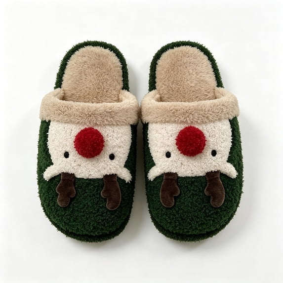 FAZVAOO Christmas Slippers,Fuzzy Closed Toe Slip on Cartoon Reindeer Soft Warm Slippers Green 5.5-6
