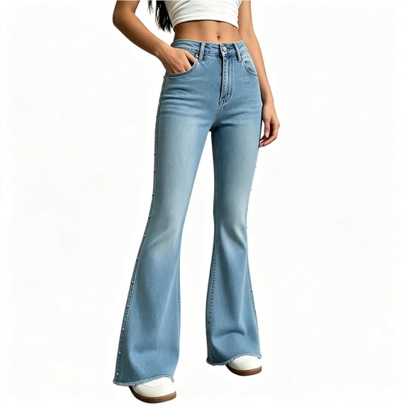 FAZVAOO Jeans for Women,High Waist Studded Fringe Hem Flared Jeans with Pockets Light Blue L