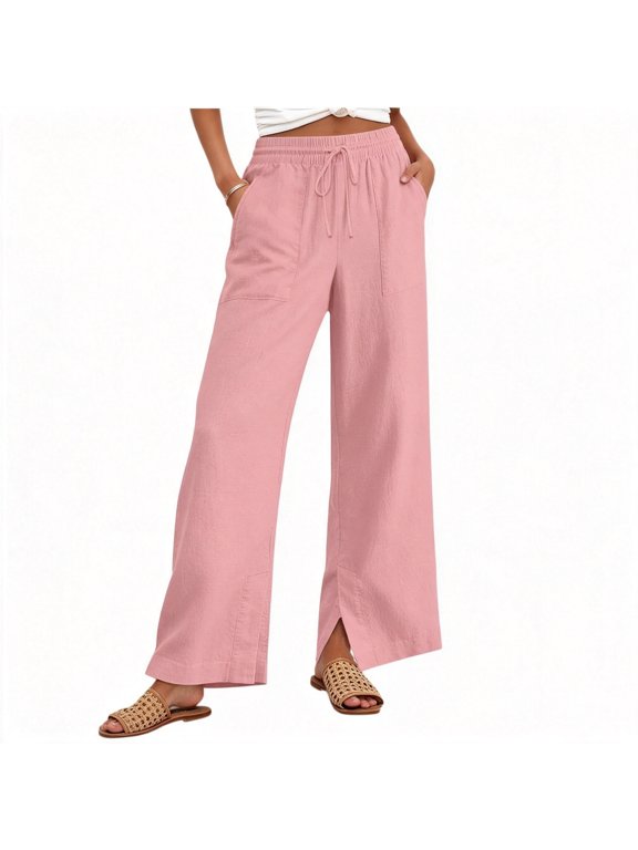 Linen Pants Women,Drawstring Split Hem Wide Leg Casual Pants with Pockets Pink M