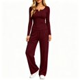thumbnail image 1 of FAZVAOO Lounge Sets for Women,Henley Long Sleeve Slim Top Drawstring Wide Leg Pants Sets Wine XL, 1 of 9