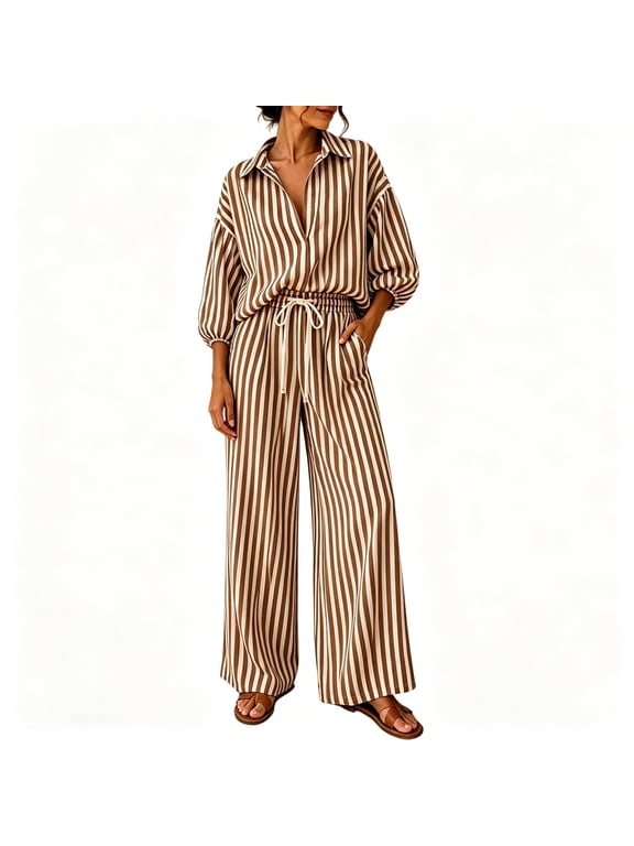 Lounge Sets for Women,Striped Lapel Collar Top Drawstring Wide Leg Pants Matching Sets Khaki L