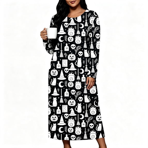 FAZVAOO Nightgowns for Women,Plus Size Long Sleeve Soft Crew Neck Graphic Casual Homewear Black 3XL