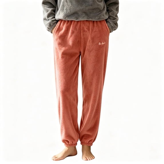 FAZVAOO Pajama Pants for Women,Fleece Elastic Waist Cuffed Embroidered Solid Sleep Pants Red Free Size