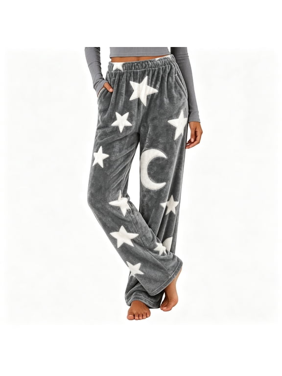 Pajama Pants for Women,Fleece Star Moon Print Elastic Waist Sleep Pants with Pockets Dark Gray L